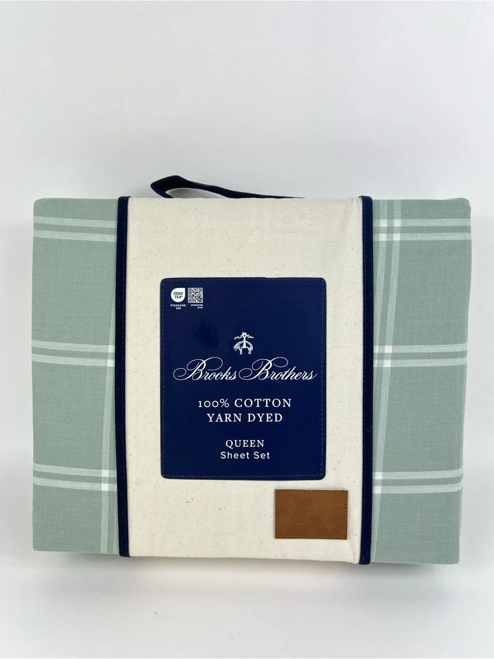 Brooks Brothers Queen Sheet Set Sage Green White Plaid 100% Cotton 4 Pc NEW